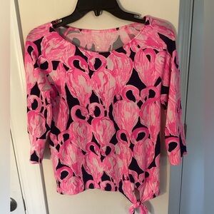 Lilly Pulitzer Robyn top, pink and navy flamingo print, Small